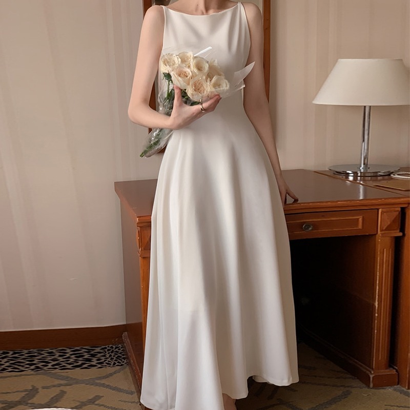 [CÓ SẴN]d41|Đầm dài kiểu Hàn Quốc tối giản, cổ tròn, eo ôm, màu trơn, không tay, dáng vest, mùa hè g