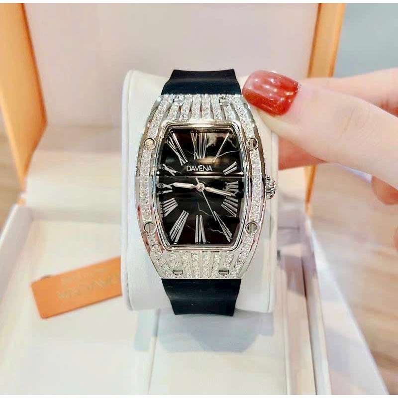 Đồng Hồ Nữ DAVANA Mặt O Van viền đính đá tre trung, size 32mm, Dây cao su ôm tay, chống nước 3atm, bảo hành 6 tháng