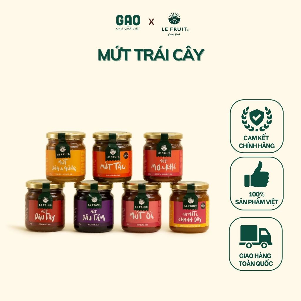 Mứt trái cây-Le Fruit-Lọ 225g (Mơ khế - Dứa Gừng - Cam - Dâu Tây - Mít Chanh Dây - Ổi - Tắc - Dứa - Dâu Tằm - Xoài K