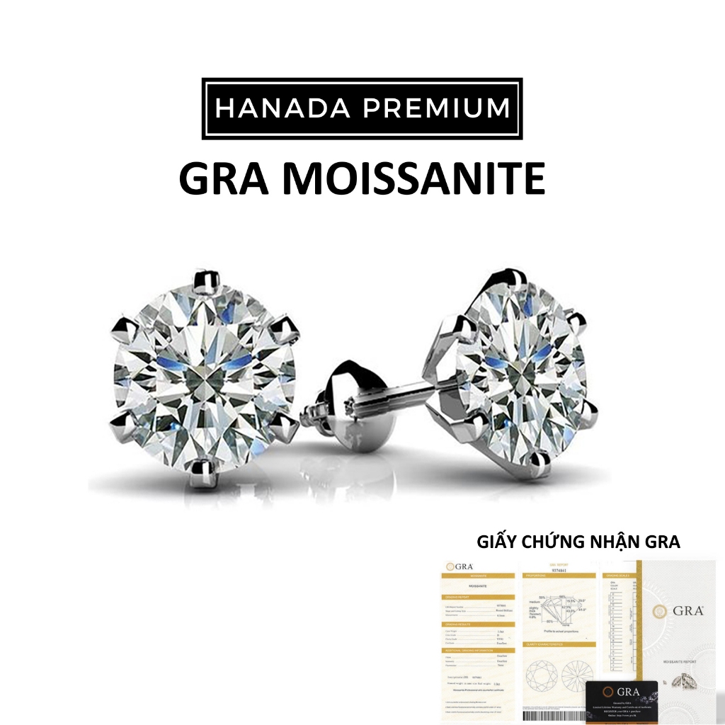 Bông Tai Hanada Kim Cương Moissanite 5MM Bạc 925 Phủ Bạch Kim Không Đen Không Mờ Nam Nữ 1166