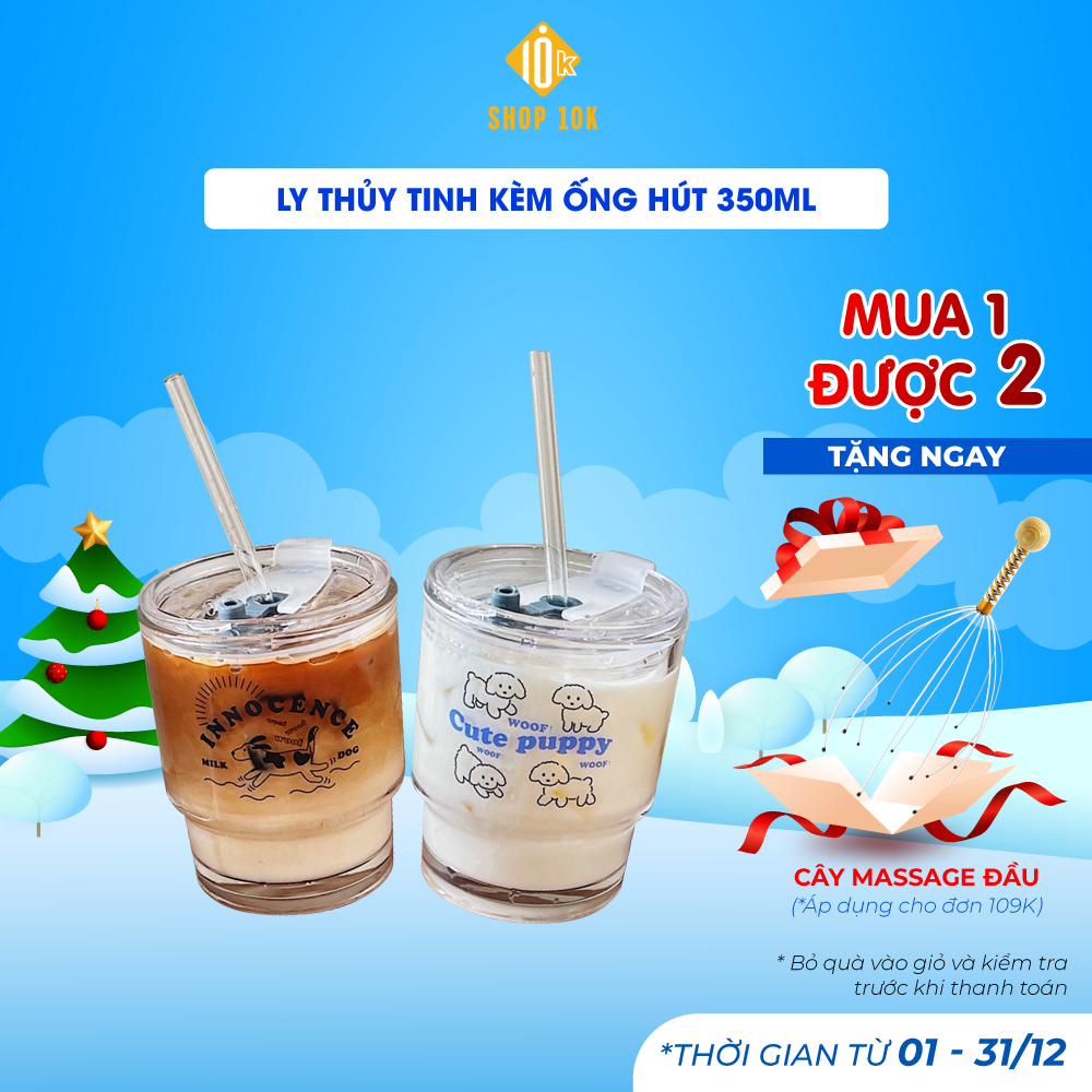 Ly Cốc thủy tinh uống cafe hoạt hình dễ thương kèm nắp và ống hút, Ly Tách uống nước đôi - Shop10k-SP005363