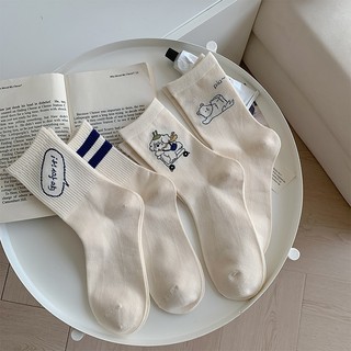 Vớ tất cổ cao nam nữ cotton màu kem icon gấu Pia cún sọc xanh