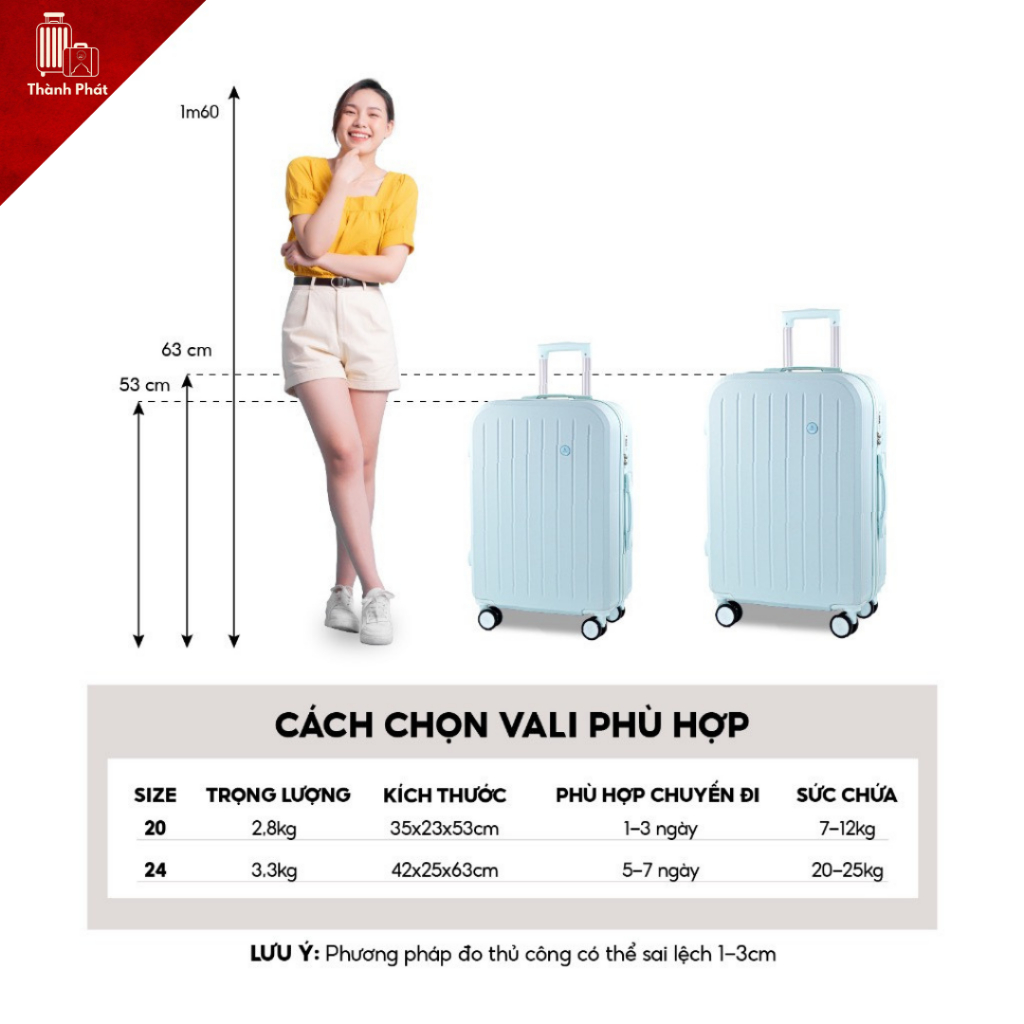 Vali du lịch nhựa abc+pc khóa kéo 4 màu thời trang A02