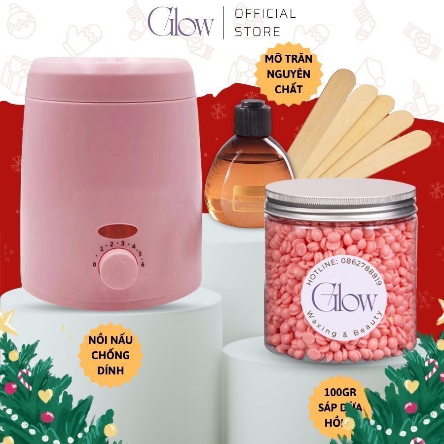 Combo 100gr Sáp Wax Lông Hồng Dừa + Mỡ Trăn Nguyên Chất + Nồi Nấu Sáp Wax Lông Pro 200 Chống Dính Mini GLOW WAXING-1013