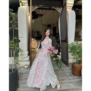 [Có quần] Áo Dài Tết 2025 Bốn Tà Màu Hồng Phấn
