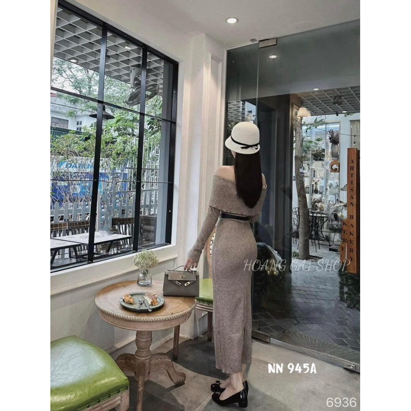 Váy len trễ vai tay dài kèm dây lưng