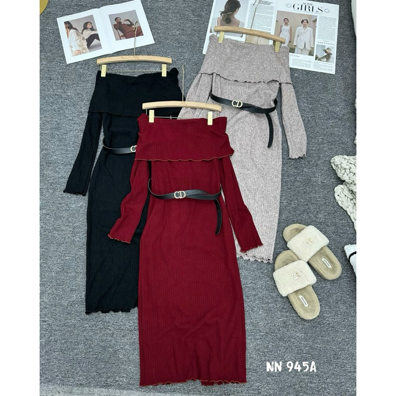 Váy len trễ vai tay dài kèm dây lưng