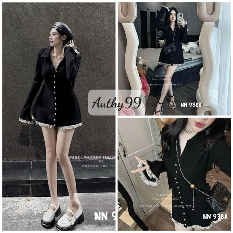 Đầm nữ tay dài bèo trắng cổ V phối nút sang chảnh có đệm vai