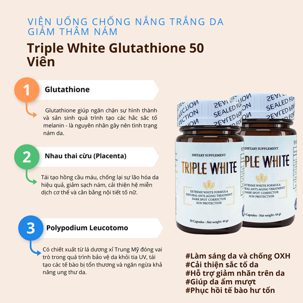 Triple White Viên uống trắng da , chống nắng, ngừa nám hiệu quả 50 viên