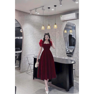 Đầm thời trang nữ mặc đi chơi Tết chất Nhung cứng cao cấp tay phồng cổ vuông sang chảnh váy xoè maxi đen và đỏ xinh