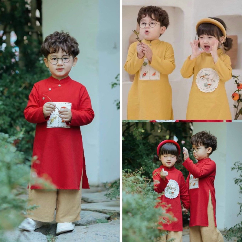 Áo dài cách tân diện tết cho bé trai bé gái, chất liệu lụa chân trâu kèm quần lụa và mấn dễ thương