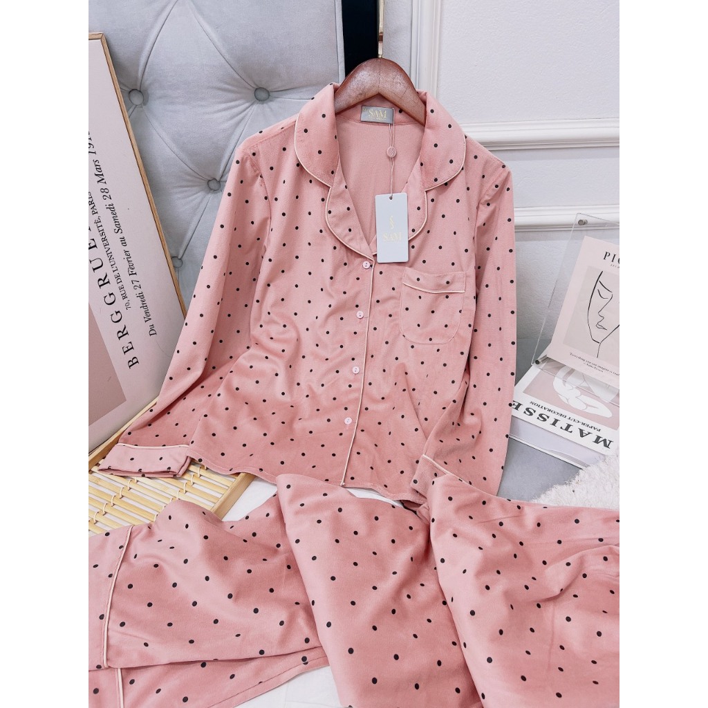 Bộ pijama SAM nhung tăm cao cấp, họa tiết chấm bi đơn giản, kiểu áo dài tay quần dài, chất mềm, dày dặn