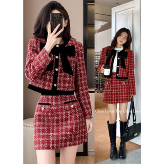Set áo dạ tweed đính nơ kèm chân váy chữ A Maia Setdake979 P0K15