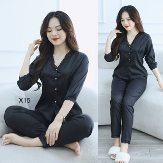 Set Bộ đồ mặc nhà lụa vân gỗ cao cấp cổ viền ren quyến rũ, sang trọng