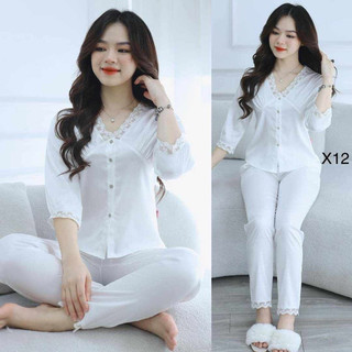 Set Bộ đồ mặc nhà lụa vân gỗ cao cấp cổ viền ren quyến rũ, sang trọng