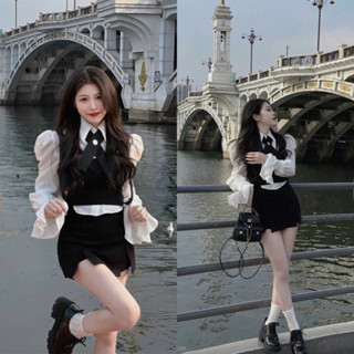 [BÈO BÉO BIGSIZE] SET 3 MÓN SƠ MI TAY DÀI + CHÂN VÁY XẺ + GHILE BIGSIZE 60-95KG