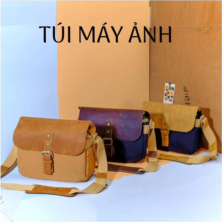 Túi đựng máy ảnh vải Canvas phối da bò.