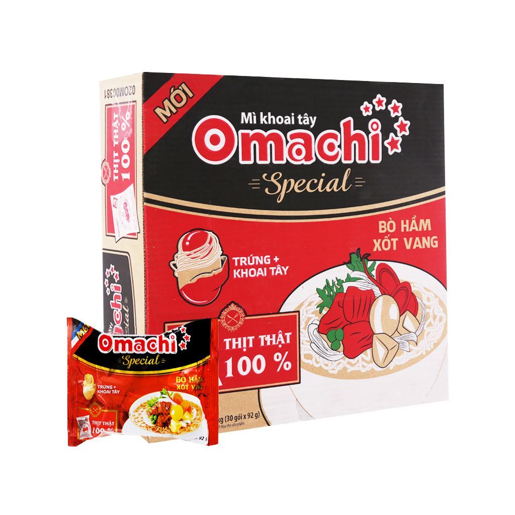 Thùng 30 gói mì khoai tây Omachi Special bò hầm xốt vang 92g