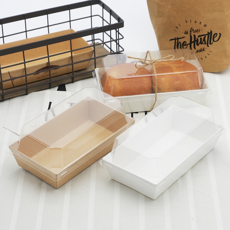 Hộp Giấy Chữ Nhật E1985 Nắp PET Màu Nâu, Trắng Đựng Bánh Set 50c