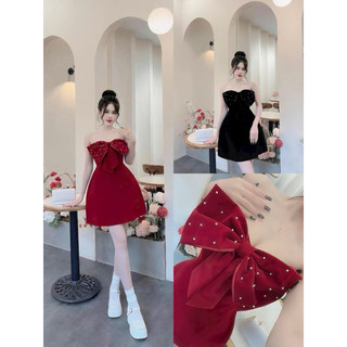 [-30%] Đầm xinh mặc Tết siêu hót chất NHUNG cứng xịn cúp ngực Nơ to đính cườm váy xoè mini chữ A ngắn đen đỏ