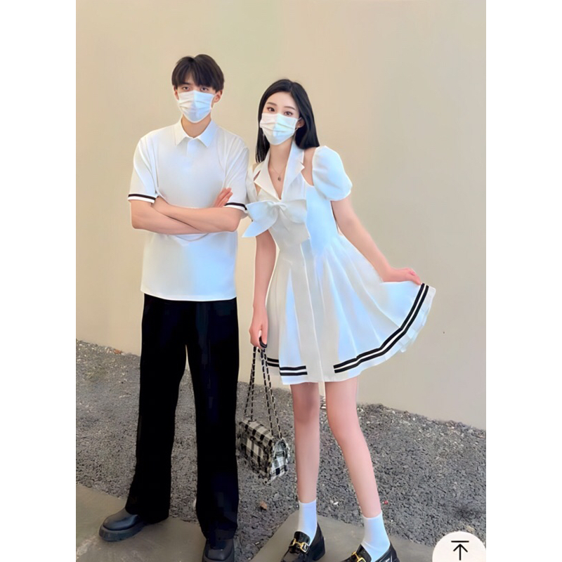 Đồ đôi đầm trắng + Áo polo nam cùng chất liệu viền sọc dễ thương hot trend