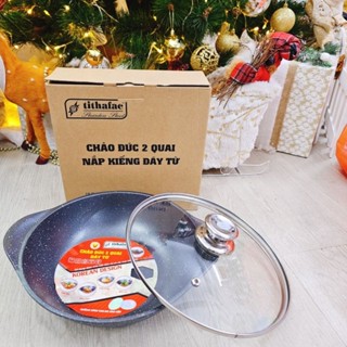 Chảo Đúc Vân Đá 2 quai nắp kính đáy từ - chảo TiCook