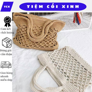 Túi xách đi biển đan kiểu ô lưới cá phong cách thời trang nữ Tiệm Cói Xinh