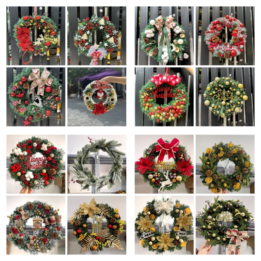 Tặng đèn - 40cm Vòng hoa nguyệt quế vòng hoa giáng sinh trang trí noel treo cửa tặng kèm dây đèn A06