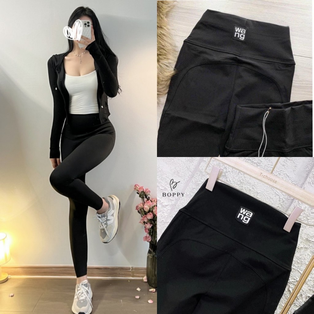 Quần Legging Nữ Cạp Cao Wang Bản To Nịt Eo Siêu Cao Cấp chất Umi Hàn Dày Dặn Co Giãn 4 Chiều - Quần Legging Đen Dáng Dài