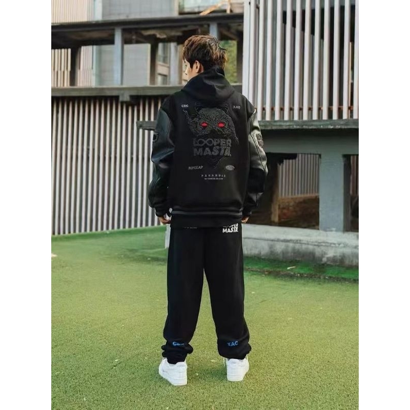 Áo khoác bomber jacket đen phối da hot hit