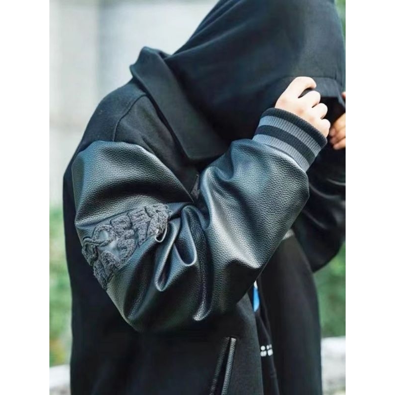 Áo khoác bomber jacket đen phối da hot hit