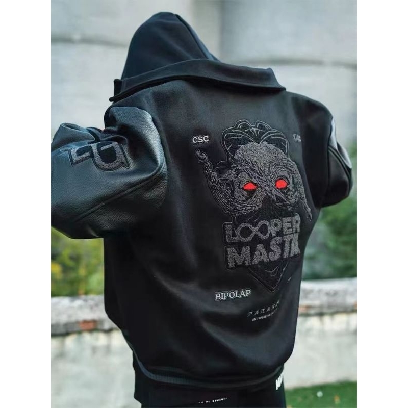 Áo khoác bomber jacket đen phối da hot hit