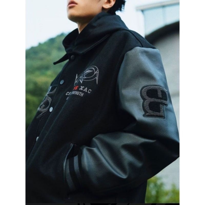 Áo khoác bomber jacket đen phối da hot hit