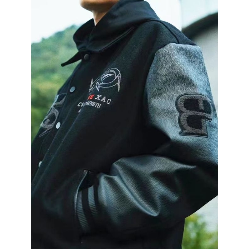 Áo khoác bomber jacket đen phối da hot hit