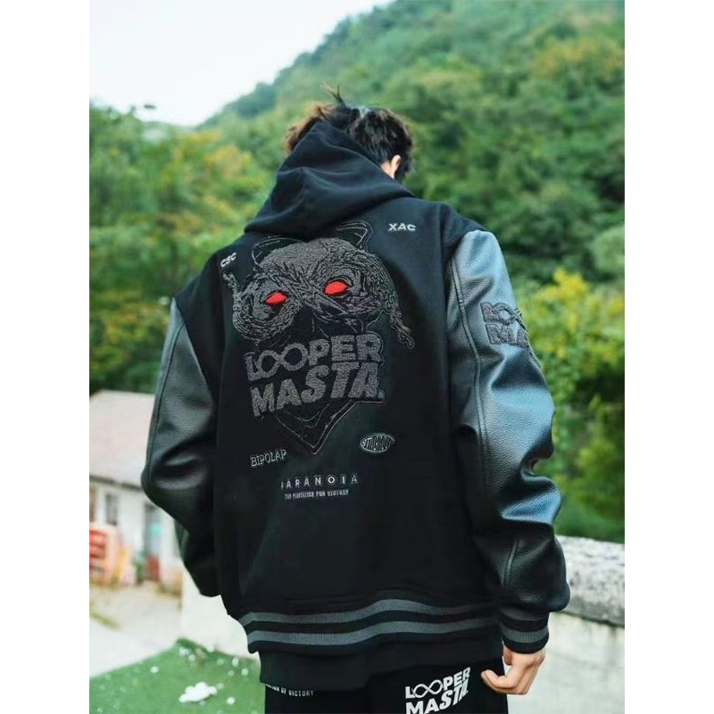 Áo khoác bomber jacket đen phối da hot hit