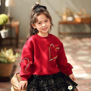 Set váy nỉ đỏ chân váy xoè hàng thiết kế cho bé diện noel tết