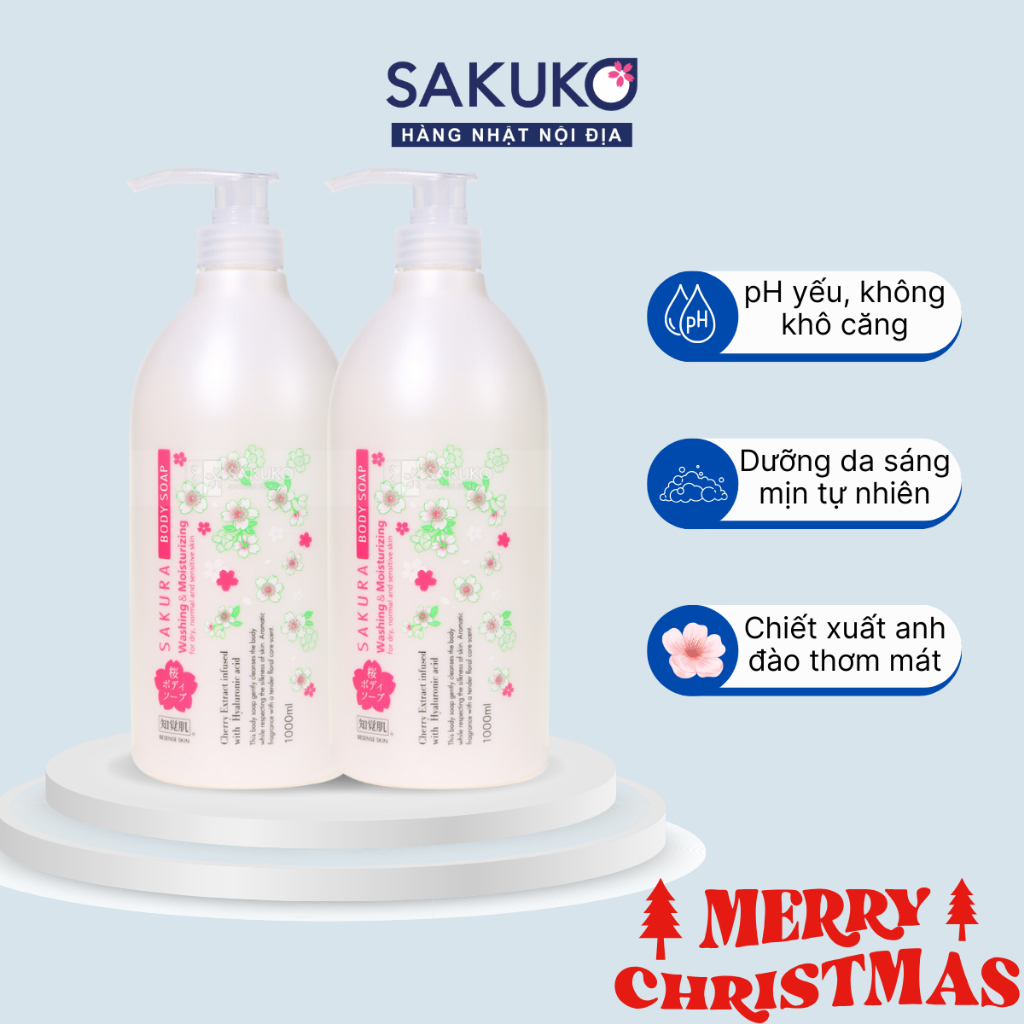 Sữa tắm Nhật trắng da, dưỡng ẩm mịn màng BESENSE SAKUKO, hương hoa anh đào thơm mát tự nhiên chai lớn 1L nội địa Nhật