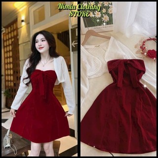 Set đầm noel, đầm mặc tết chất vải Nhung + áo khoác tay dài