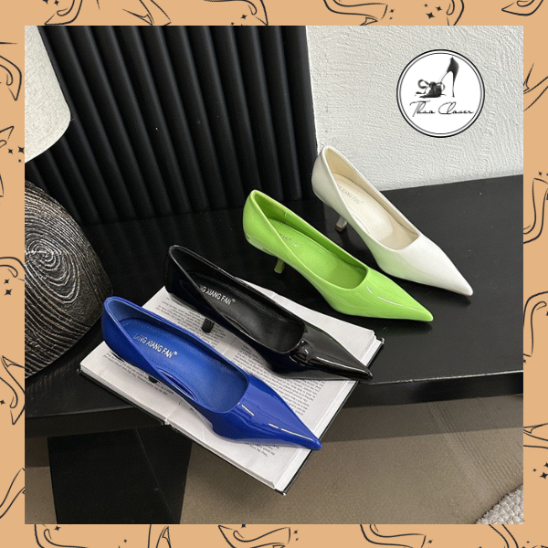 Giày cao gót mũi nhọn đế cong cách điệu da bóng -6cm -4 màu-Xanh coban-Trắng ngà-Đen-Xanh chuối-THAO CLOVER