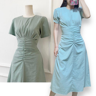 Đầm xoè tay phồng xếp nhún size S eo dưới 65cm