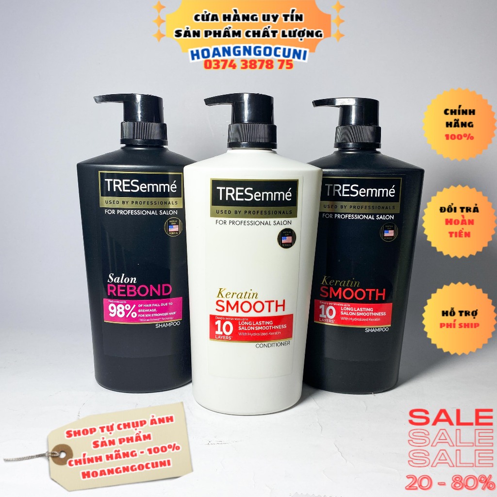 Dầu gội đầu, dầu xả Tresemmé Rebond & Keratin Smooth chai vòi 850g chính hãng chuẩn Salon