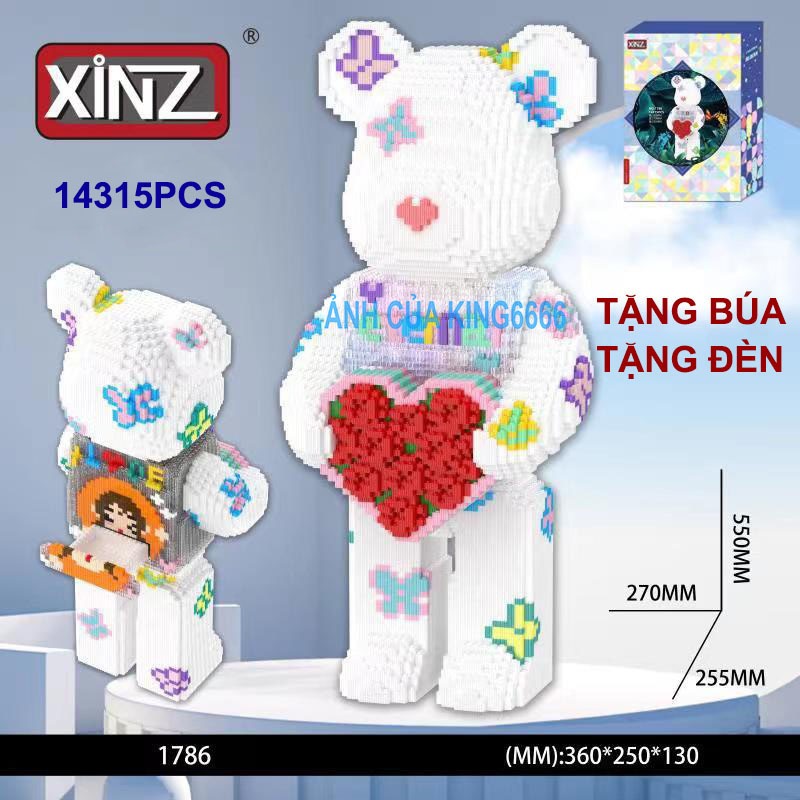 xếp hình bearbrick ôm trái tim hoa hồng cỡ lớn 55cm xinz Đồ chơi lắp ráp mô hình Xếp hình nano 3d nanoblocks tặng búa