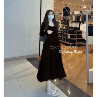 Váy thun nữ dáng xoè, đầm nữ dáng xoè dài tay cổ chữ U chất liệu thun tăm co giãn, phong cách Hàn Quốc