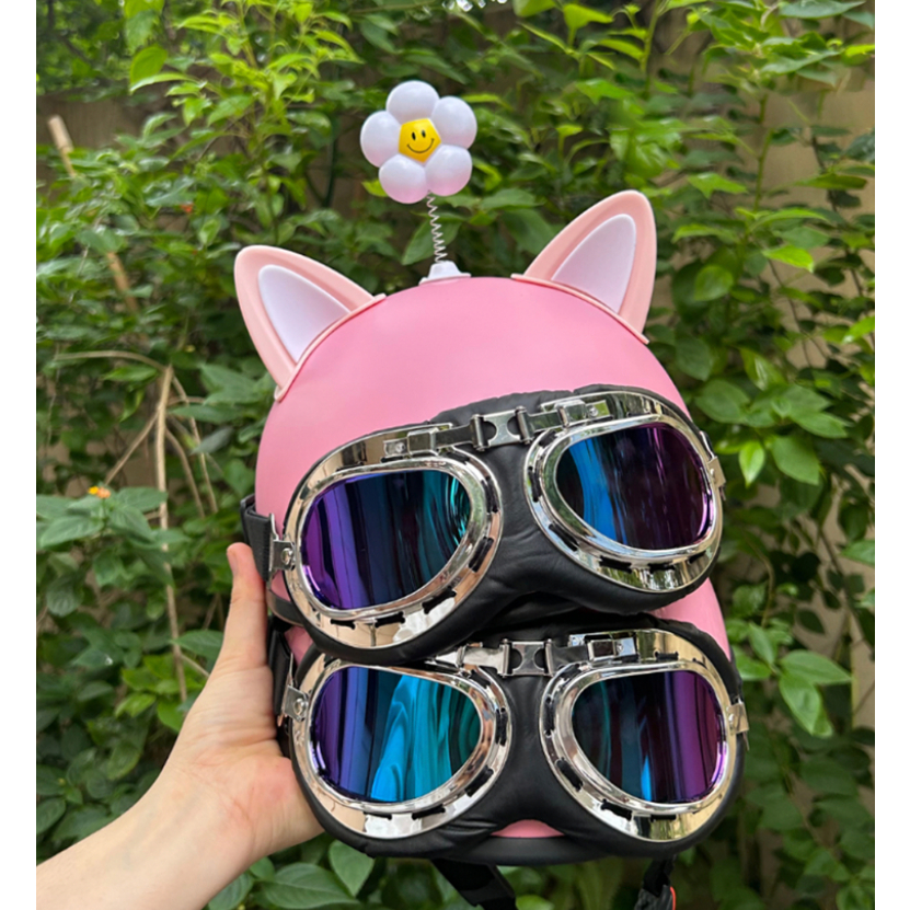 Combo Mũ Bảo Hiểm Nửa Đầu Kính Phi Công  Kèm Phụ Kiện Tai Mèo 2 Màu và Bông Hoa Dễ Thương - KIWI SHOP