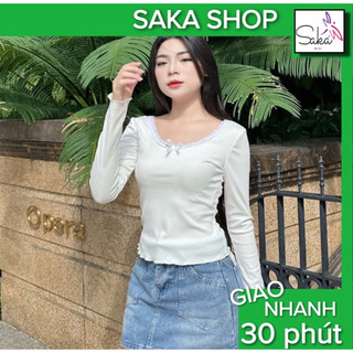 Áo thun tay dài cổ tròn phối ren thun gân co giãn