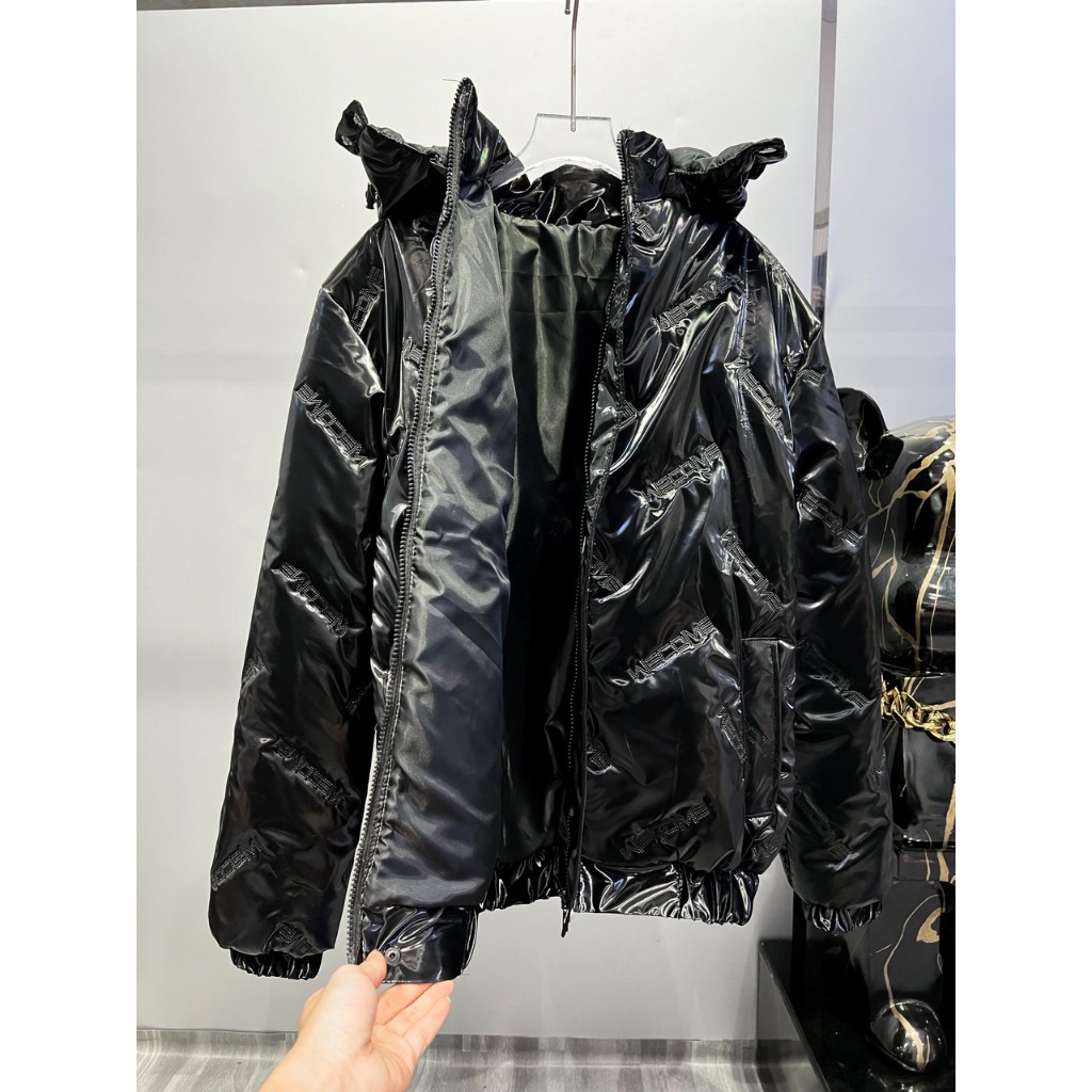 Áo phao nam nữ đen bóng chữ wecome mũ rời