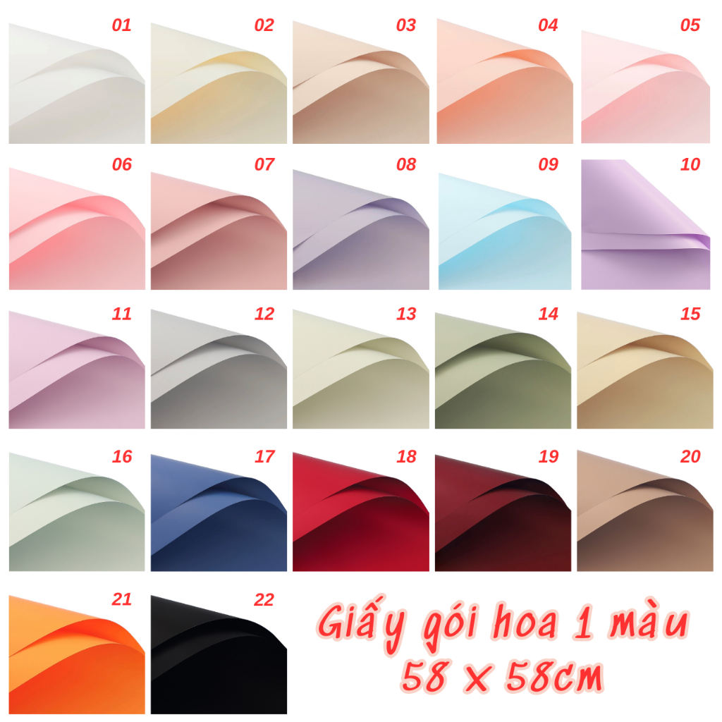 Giấy Gói Hoa TRƠN 2 MẶT 1 MÀU, Khổ 58*58Cm, Không Thấm Nước