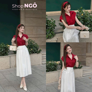 Set váy thời trang nữ diện chơi TẾT áo sơ mi đỏ tay hến mix chân váy trắng midi xinh xắn dành cho nàng bánh bèo