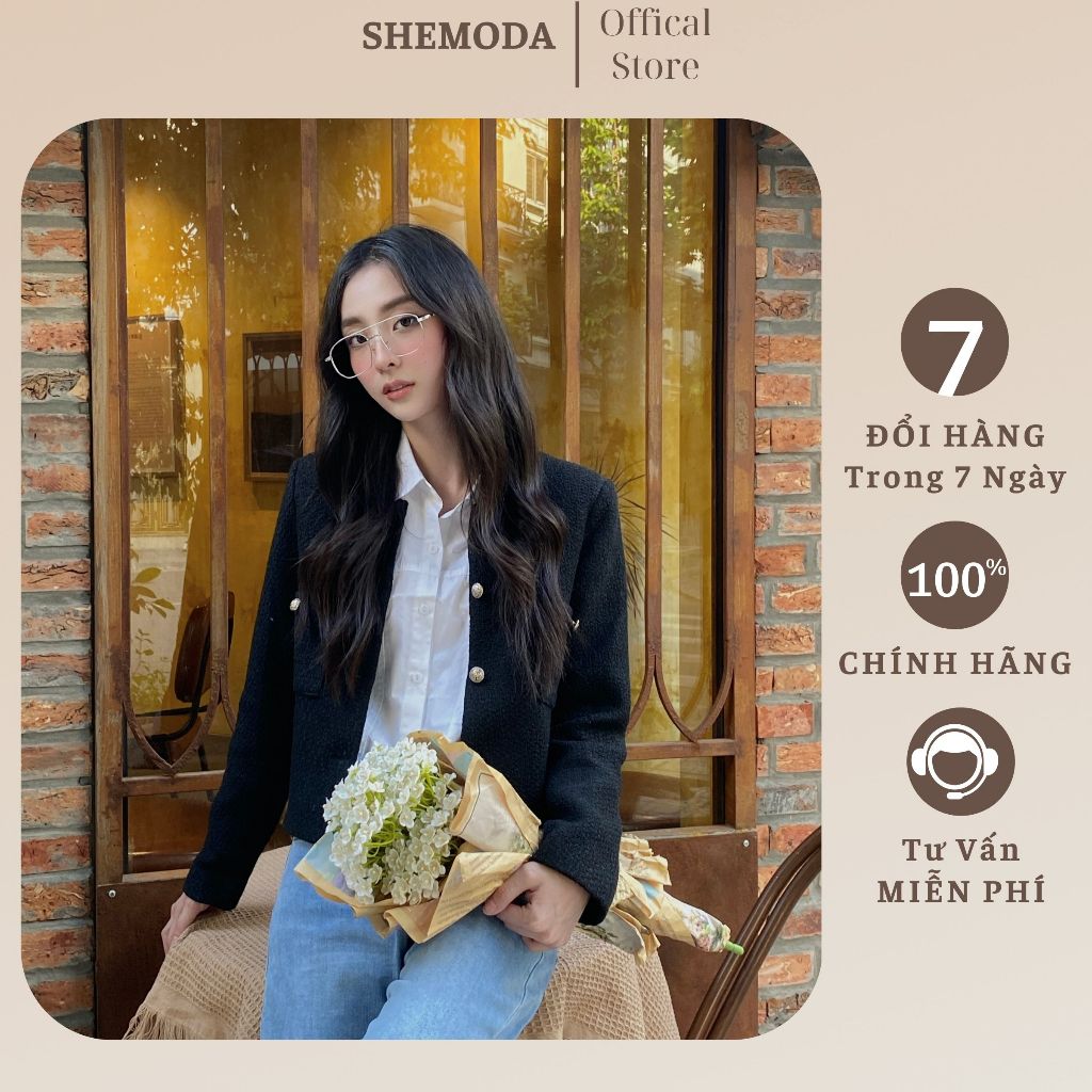 Áo Khoác Dạ Tweed Nữ Dày Dặn 2 Màu Trắng Đen Cổ Tròn Họa Tiết Cúc Vàng Lót Lụa Habutai Đứng Form SHEMODA