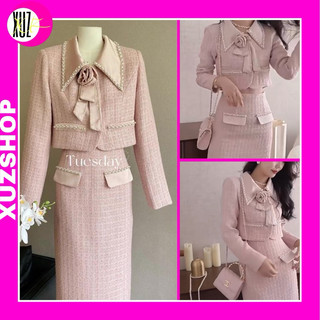 Set dạ tweed thu đông hoa cổ áo croptop tay dài và chân váy bút chì dài